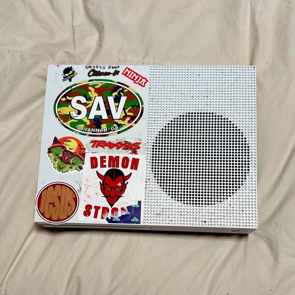 Custom White Gaming Console with Stickers